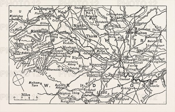 MAP OF THE COURSE OF THE OUSE, UK. The River Ouseis a river in North Yorkshire, England.