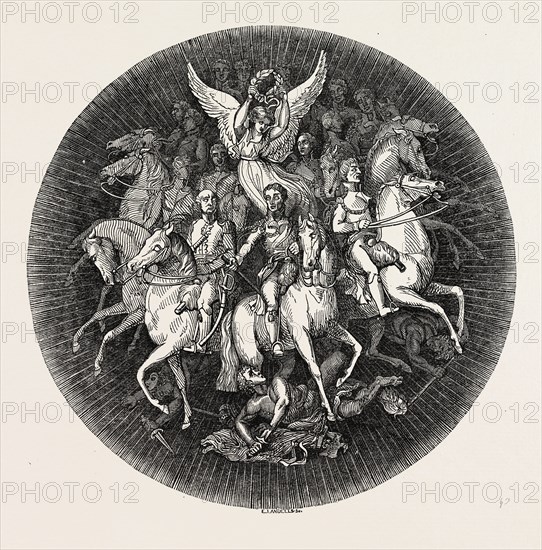 THE WELLINGTON SHIELD.  1820, Thomas Stothard, 1755 - 1834, engravings. The silver shield itself was made by Benjamin Smith. The shield commemorate the victories of the Duke of Wellington. UK, britain, british, europe, united kingdom, great britain, european