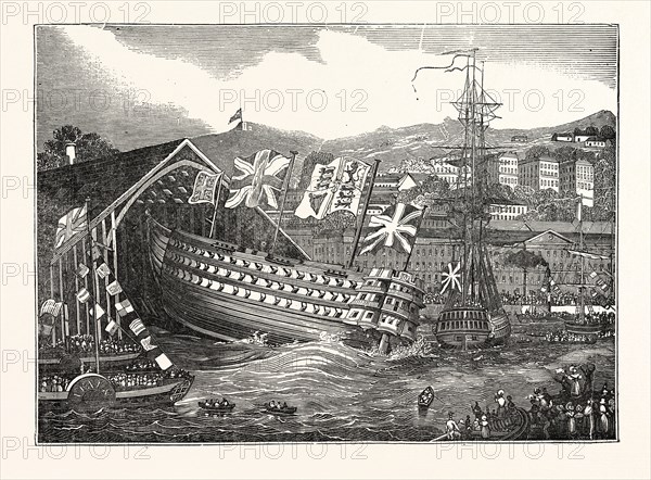 LAUNCH OF HIS MAJESTY'S SHIP "WATERLOO", AT CHATHAM, UK, britain, british, europe, united kingdom, great britain, european