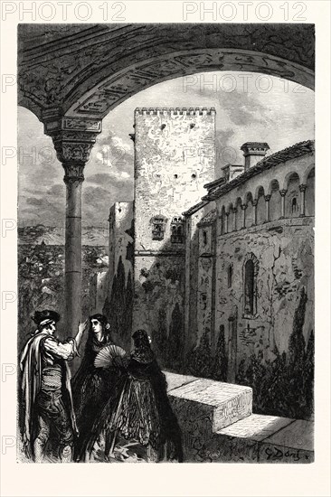 NORTHERN WALL OF THE ALHAMBRA, GRANADA. Gustave Doré. A palace and fortress complex located in Granada, Andalusia, Spain. It was originally constructed as a fortress in 889.