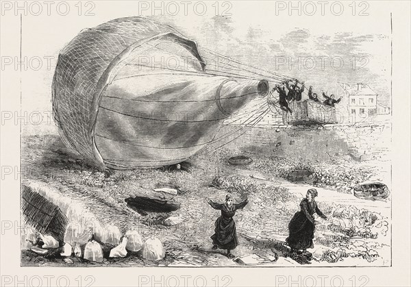 FATAL BALLOON ACCIDENT IN FRANCE : THE BALLOON L'UNIVERS  DESCENDING INTO THE GARDEN OF MONTREUIL, FRANCE, 1876
