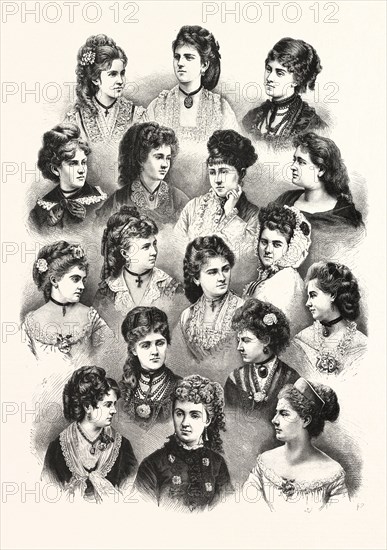 HEADS OF THE FAIR SEX. HAIR, WOMAN,  ENGRAVING 1876, haircut, hair dressing, coiffure, beauty, fashion, hairstyle, hairdo, lady