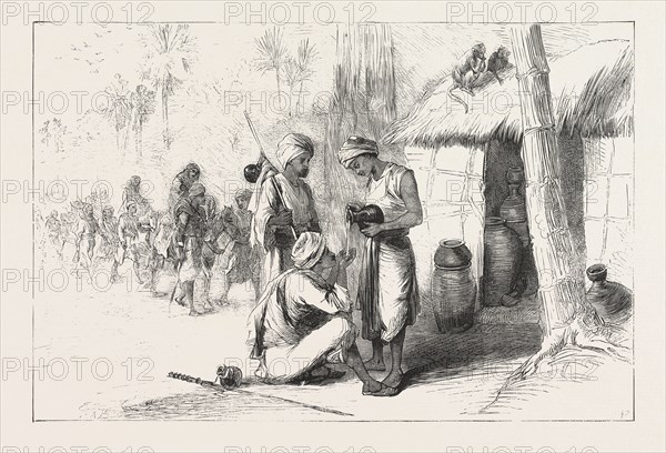 TRAVELLING IN INDIA: WAYSIDE SHED FOR SUPPLYING TRAVELLERS WITH WATER. ENGRAVING 1876