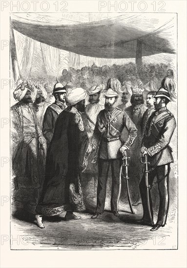 THE PRINCE OF WALES AT CALCUTTA, KOLKATA; RECEPTION OF NATIVE PRINCES, INDIA, WEST BENGAL, ENGRAVING 1876