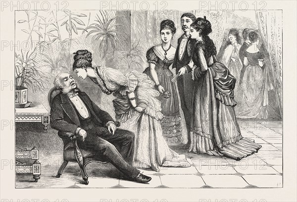 WINNING THE GLOVES. ENGRAVING 1876, man, ladies, interior, sleeping, gathering,