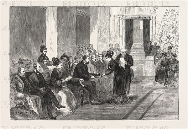 'THE DUKE OF EDINBURGH PRESENTING THE PRIZES TO THE SUCCESSFUL STUDENTS OF THE FEMALE SCHOOL OF ART, ON FRIDAY, FEBRUARY 25TH, IN THE THEATRE OF THE LONDON UNIVERSITY, 1876, ENGRAVING 1876, UK, britain, british, europe, united kingdom, great britain, european