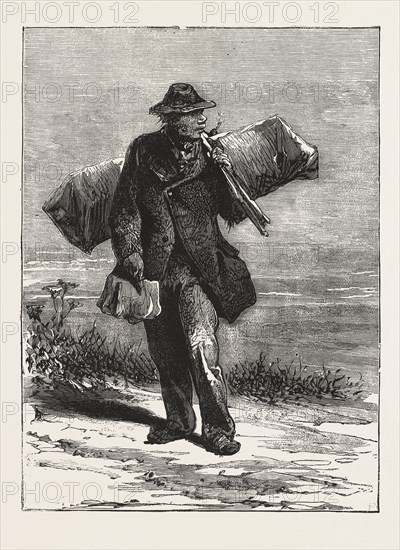 THE BIRD CATCHER.,MAN, OUTDOOR, COUNTRY SIDE, ENGRAVING 1876, UK, britain, british, europe, united kingdom, great britain, european