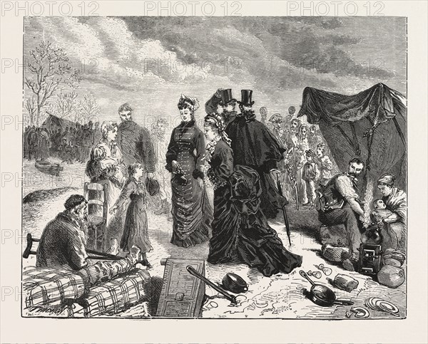 THE FLOODS IN AND AROUND PARIS : MADAME MACMAHON VISITING AND DISTRIBUTING RELIEF TO THE SUFFERERS. ENGRAVING 1876, France, europe