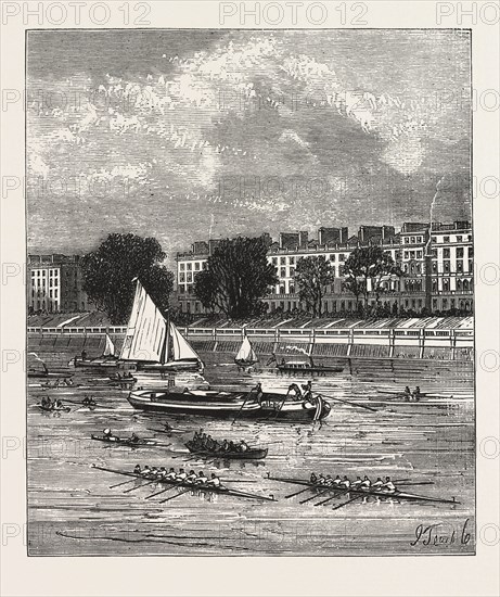 THE CEDARS, PUTNEY, CAMBRIDGE HEADQUARTERS. The Boat Race is an annual rowing race between the Oxford University Boat Club and the Cambridge University Boat Club, rowed between competing eights on the River Thames in London, England,  ENGRAVING 1876, UK, britain, british, europe, united kingdom, great britain, european