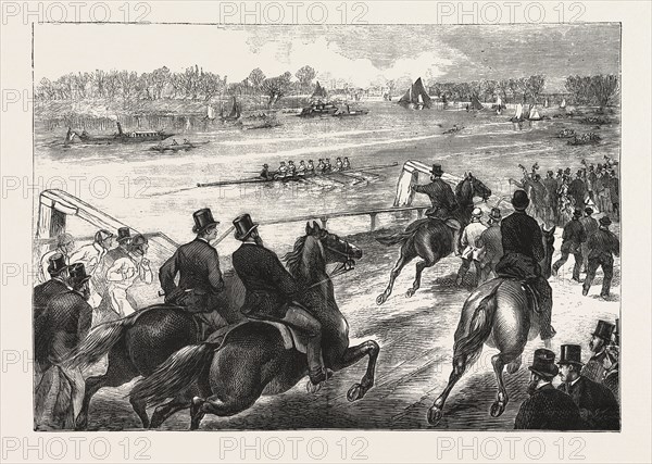 COACHING,  A SKETCH AT CHISWICK, The Boat Race is an annual rowing race between the Oxford University Boat Club and the Cambridge University Boat Club, rowed between competing eights on the River Thames in London, England, ENGRAVING 1876, UK, britain, british, europe, united kingdom, great britain, european