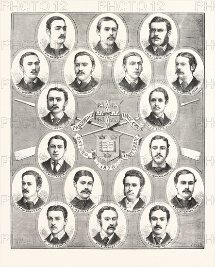 THE OXFORD AND CAMBRIDGE BOAT RACE, 1876.: PORTRAITS OF THE CREWS, ENGRAVING 1876, UK, britain, british, europe, united kingdom, great britain, european