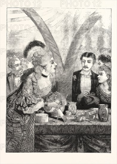 THE MARTHA WASHINGTON RECEPTION AND CENTENNIAL TEA-PARTY AT THE  ACADEMY OF MUSIC, IRVING AND NILSSON HALLS, NEW YORK,  IN AID OF THE FLOATING HOSPITAL OF ST. JOHN'S GUILD,  SERVING TEA AND SELLING CUPS AND SAUCERS, ENGRAVING 1876, US, USA, America, United States