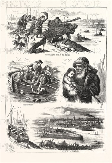 FATAL BOAT ACCIDENT ON THE DEE, AT ABERDEEN, INCIDENTS OF THE DISASTER, ENGRAVING 1876, UK, britain, british, europe, united kingdom, great britain, european