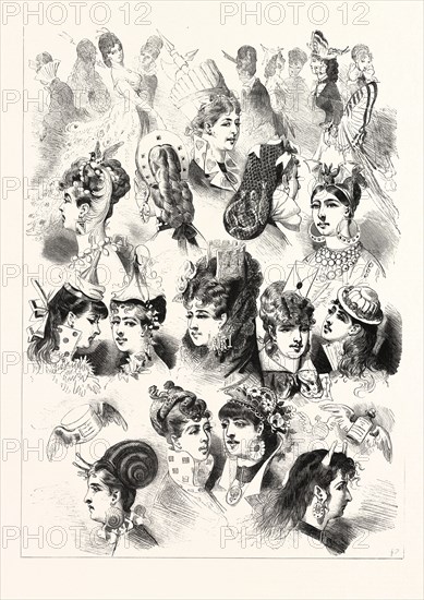 NEW HEAD-DRESSES: SUGGESTIONS FOR THE COMING SEASON, ENGRAVING 1876, UK, britain, british, europe, united kingdom, great britain, european