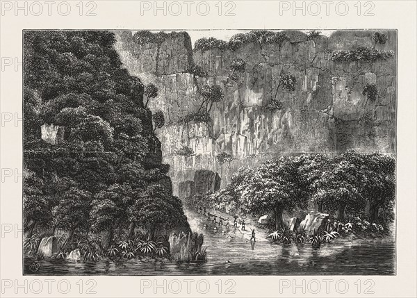 Central African exploration with Lieut. Cameron, ROCKY GORGE BETWEEN KIBAIGELI AND MWEHA, engraving 1876