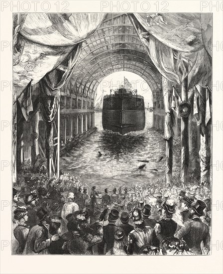LAUNCH OF H.M.S. INFLEXIBLE, AT PORTSMOUTH: THE VESSEL LEAVING THE WAYS. ENGRAVING 1876, UK, britain, british, europe, united kingdom, great britain, european