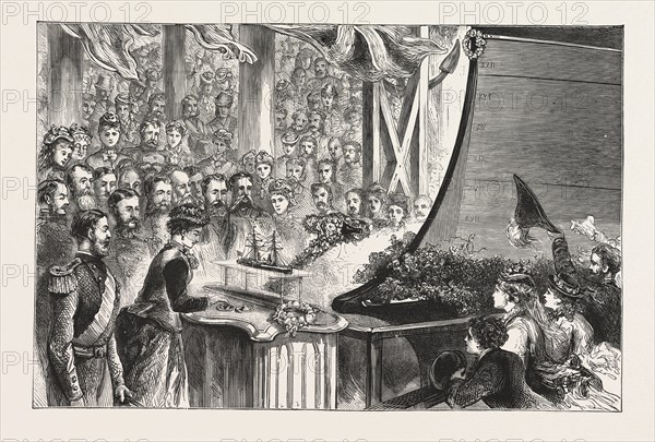 THE PRINCESS LOUISE AT PORTSMOUTH, CHRISTENING OF THE INFLEXIBLE, ENGRAVING 1876, UK, britain, british, europe, united kingdom, great britain, european