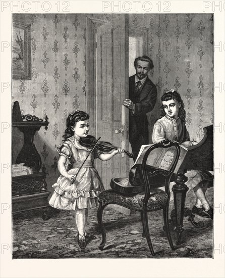 A REHEARSAL ON THE SLY, GIRL, GIRLS, VIOLIN, MUSIC, PIANO, ROOM, INTERIOR, ENGRAVING 1876, UK, britain, british, europe, united kingdom, great britain, european