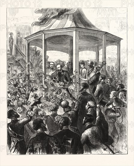 THE RECEPTION AT THE PAVILION, PORTSMOUTH DOCKYARD, A FLORAL DISPLAY, ENGRAVING 1876, UK, britain, british, europe, united kingdom, great britain, european