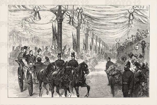 THE HOME-COMING OF THE PRINCE OF WALES : THE ROYAL PARTY LEAVING THE VICTORIA STATION OF THE LONDON, BRIGHTON, AND SOUTH-COAST RAILWAY COMPANY, LONDON, ENGRAVING 1876, UK, britain, british, europe, united kingdom, great britain, european