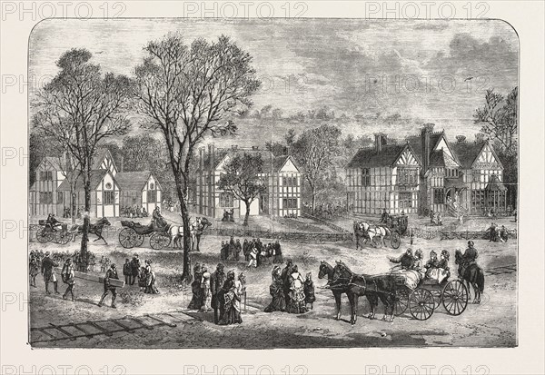 THE PHILADELPHIA CENTENNIAL EXHIBITION, ENGLISH COTTAGES ERECTED FOR THE BRITISH COMMISSIONERS, ENGRAVING 1876, USA