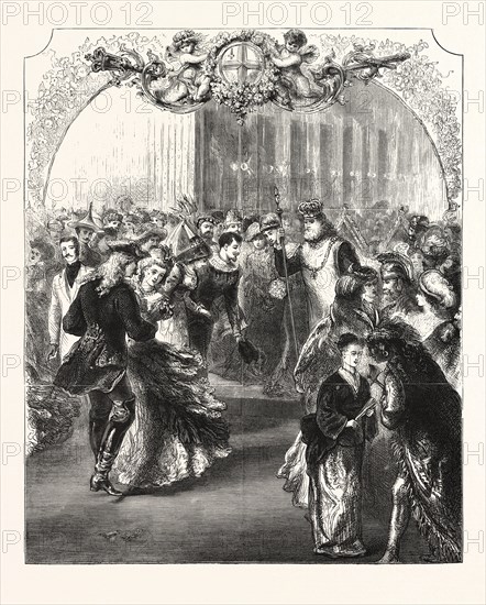 FANCY DRESS BALL AT THE MANSION HOUSE, TUESDAY, MAY 30TH : THE RIGHT HON. W. J. R. COTTON, M.P., LORD MAYOR, AS THE EMPEROR CHARLEMAGNE, RECEIVING THE GUESTS, ENGRAVING 1876, UK, britain, british, europe, united kingdom, great britain, european