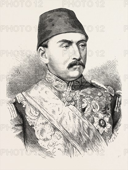 THE NEW SULTAN MEHEMED MOURAD V., PROCLAIMED ON THE 30TH MAY UPON THE FORCED ABDICATION OF ABDUL-AZIZ, ENGRAVING 1876