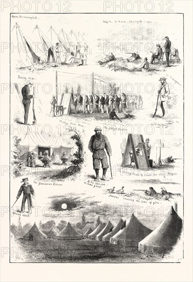 LIFE UNDER CANVAS, SKETCHES AT THE VOLUNTEER CAMP AT WIMBLEDON, ENGRAVING 1876, UK, britain, british, europe, united kingdom, great britain, european
