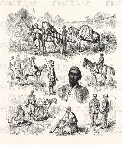 WAR IN THE EAST, TYPES OF TURKISH SOLDIERY, I.óRayah. 2.óSoldiers of the Military Train. 3.ó Escort. 4,óConveying Tents. 5 óOfficers' Servant 3. 6 óGendarmerie, or Zaptichs. 7. ñlmaun of a Battalion, ENGRAVING 1876