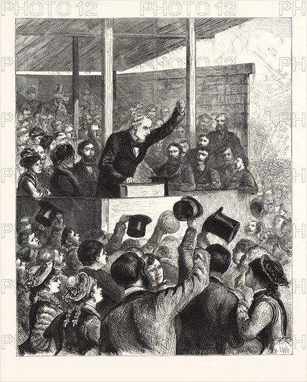 OPEN-AIR GATHERING AT BLACKHEATH, ON SATURDAY, SEPTEMBER 9TH : THE RIGHT HON. W. E. GLADSTONE, M.P. FOR GREENWICH, ENGRAVING 1876, UK, britain, british, europe, united kingdom, great britain, european