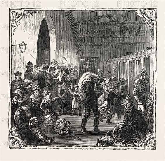 HOPS AND HOP PICKERS, IN A KENTISH HOP GARDEN, KENT, ENGLAND, LEAVING LONDON ; A SKETCH AT VICTORIA RAILWAY STATION, ENGRAVING 1876, UK, britain, british, europe, united kingdom, great britain, european