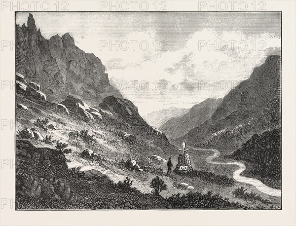 THE LOST TOURIST IN THE CUMBERLAND MOUNTAINS,  WEST END OF LOOKING WHERE THE BODY OF THE LATE MR. BARNARD WAS FOUND, ENGRAVING 1876, UK, britain, british, europe, united kingdom, great britain, european