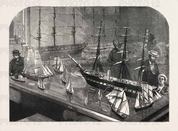 MODEL OF A FLEET OF VESSELS ON THE PHILADELPHIA EXHIBITION, FULL RIGGED SHIP, SCHOONER YACHT, TOP SAIL SCHOONER, CAT-BOAT, STEAM FRIGATE, BARQUE, PILOT BOAT, SAIL BOAT, ENGRAVING 1876, US, USA, America, United States