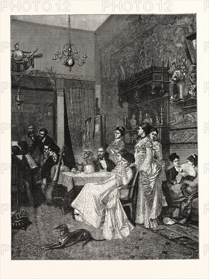 A CHAMBER CONCERT, PICTURE BY ADRIEN MOREAU IN THE PARIS SALON, ENGRAVING 1876