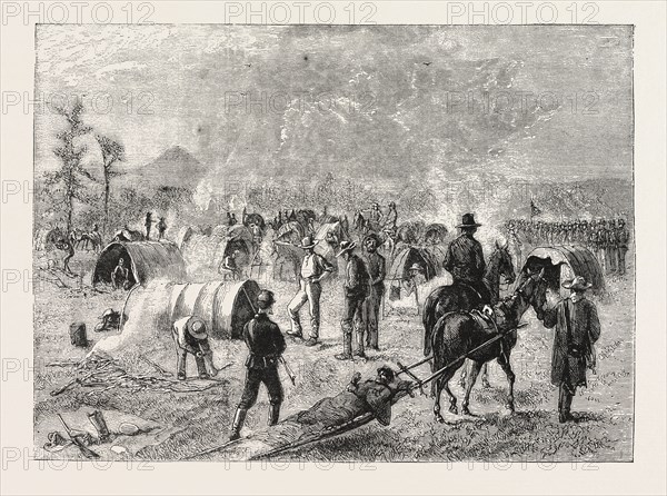 GENERAL CROOK'S CAMP AT WHITEWOOD CREEK: BRINGING IN A WOUNDED SOLDIER ON A TRAVAU, THE SIOUX WAR, , ENGRAVING 1876, US, USA, America, United States