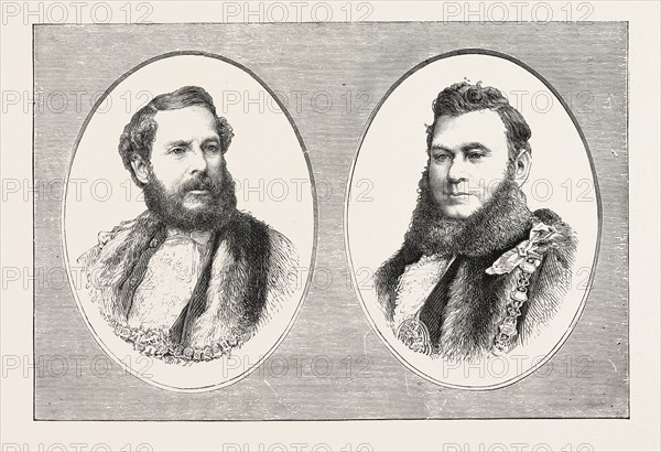 MR. SHERIFF EAST AND MR. ALDERMAN AND SHERIFF HADLEY, THE SHERIFFS ON LONDON AND MIDDLESEX, ENGRAVING 1876, UK, britain, british, europe, united kingdom, great britain, european