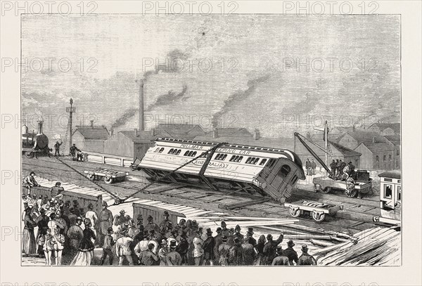 THE ACCIDENT TO THE FLYING SCOTCHMAN, NEAR SHEFFIELD: RAISING THE PULLMAN CAR, ENGRAVING 1876, UK, britain, british, europe, united kingdom, great britain, european
