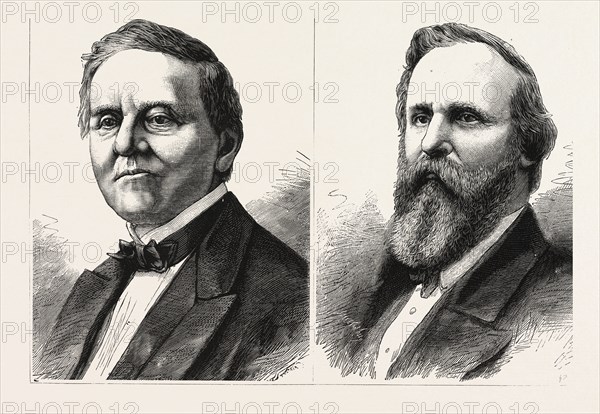 THE PRESIDENTAL CONTEST IN AMERICA, SAMUEL TILDEN, THE DEMOCRATIC CANDIDATE AND RUTHERFORD HAYES, THE REPUBLIC CANDIDATE, ENGRAVING 1876, US, USA, America, United States