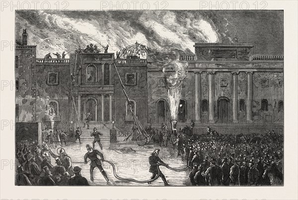 DESTRUCTION OF THE COUNTY HALL, NOTTINGHAM, BY FIRE, ENGRAVING 1876, UK, britain, british, europe, united kingdom, great britain, european