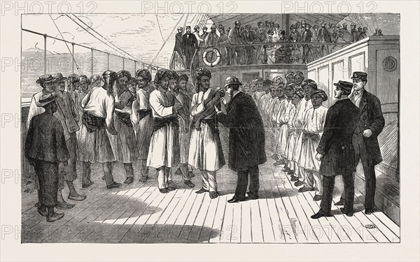 VACCINATING THE CREW OF A P. AND O. STEAMER AT VICTORIA, ENGRAVING 1876