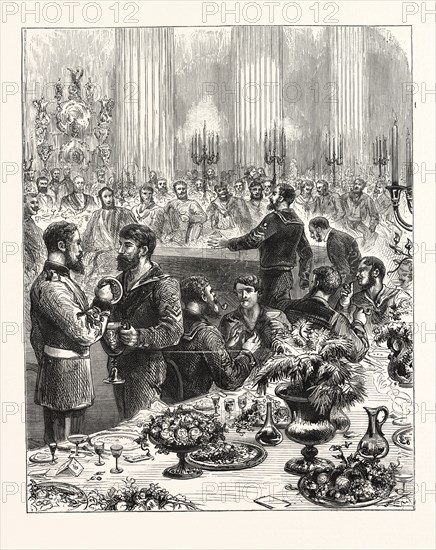 THE ARCTIC EXPEDITION, BANQUET AT THE MANSION HOUSE TO THE CREWS OF THE ALERT AND DISCOVERY, ENGRAVING 1876