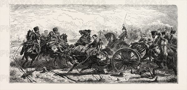 "CHARGE OF ARTILLERY OF THE FRENCH GUARD IN THE BATTLE OF TRAKTIR DURING THE CRIMEAN WAR", FROM A PAINTING BY M. SCHREYER