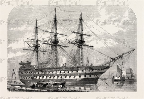 H.M.S. AGAMEMNON RECEIVING THE ATLANTIC CABLE ON BOARD FROM MESSRS. GLASSE AND ELLIOT'S WORKS, EAST GREENWICH, 1857