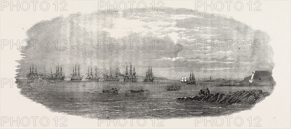 DEPARTURE OF THE OCEAN FRENCH FLEET FROM BREST, FRANCE, 1854; HERCULE, 100, TOWED BY CAFFARELLI, 450 HORSE POWER; JEAN-BART, 90, 650 HORSE POWER, TOWED OUT LATER IN THE DAY, BY PRIMANGUET; AUSTERLITZ, 100, 650 HORSE POWER, REMAINS AT BREST; DUGUESCLIN, 90, TOWED OUT BY PRIMANGUET, 400 HORSE POWER REAR-ADMIRAL CHARNER'S FLAGSHIP; MONTEBELLO, 120, 160 HORSE POWER, BRUAT'S FLAGSHIP; BORDA OLD 90 MIDSHIPMEN'S SCHOOLSHIP; THETIS, OLD FRIGATE, SAILORS' BOYS' SCHOOLSHIP AND PRACTICE BRIG; ENTRANCE OF BREST HARBOUR, HORSE SHOE BATTERY, PORTSIC POINT, LIGHTHOUSE, AND BATTERY, 1854