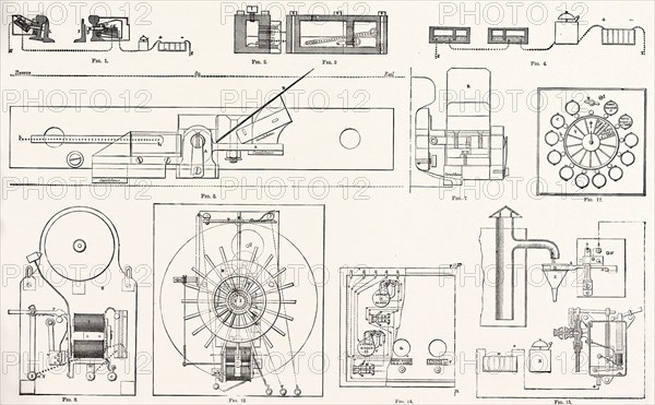 RAILWAY APPARATUS AT THE PARIS ELECTRICAL EXHIBITION: Fig. 1. Lartigue's Switch Controller. Fig. 2. Transverse Section. Fig. 3. Longitudinal Section. Fig. 4. Position of the Commutators during the Maneuver. Fig. 5. Pedal for Sending Warning to Railway Crossing, Elevation. Fig. 7. End View. Fig. 8. Electric Alarm. Fig. 12. Guggemos's Correspondence Apparatus, External View. Fig. 13. Interior of the same. Fig. 14. Annunciator Apparatus. Fig. 15. Controller for Water Tanks (Lartigue System), FRANCE, 1882