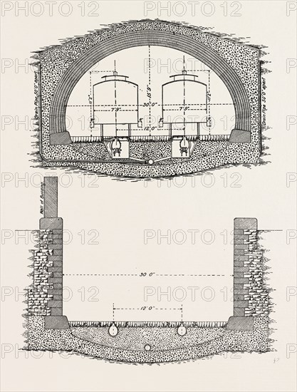 CABLE RAILWAY TUNNEL UNDER RIVER NEAR VAN BUREN STREET, CHICAGO, UNITED STATES OF AMERICA, USA, U.S., AMERICA, 1890: ORDINARY SECTION, AND SECTION OF OPEN APPROACH
