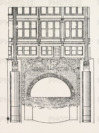 CABLE RAILWAY TUNNEL UNDER RIVER NEAR VAN BUREN STREET, CHICAGO, UNITED STATES OF AMERICA, USA, U.S., AMERICA, 1890: SECTION SHOWING FOUNDATIONS FOR COLUMNS IN BUILDINGS