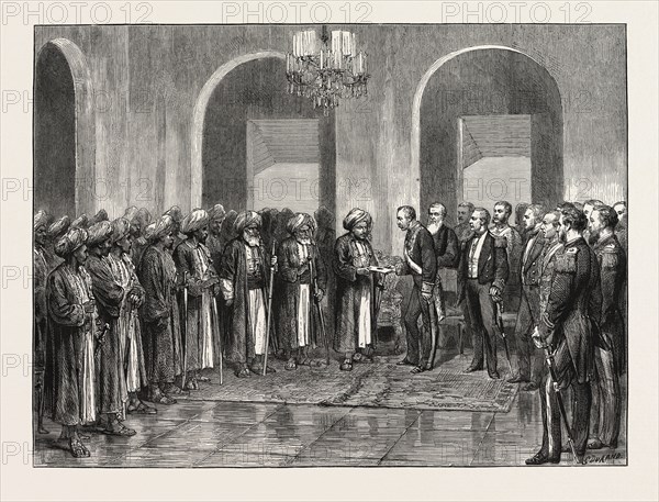 THE SLAVERY QUESTION IN EAST AFRICA: RECEPTION OF SIR BARTLE FRERE IN DURBAR BY THE SULTAN OF ZANZIBAR, 1873