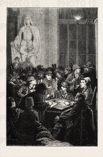 THE CARLIST REVOLT IN SPAIN: ENROLLING VOLUNTEERS FOR THE FEDERAL BATTALION UNDER THE PORTICO OF THE MINISTRY OF FINANCE, MADRID, 1873