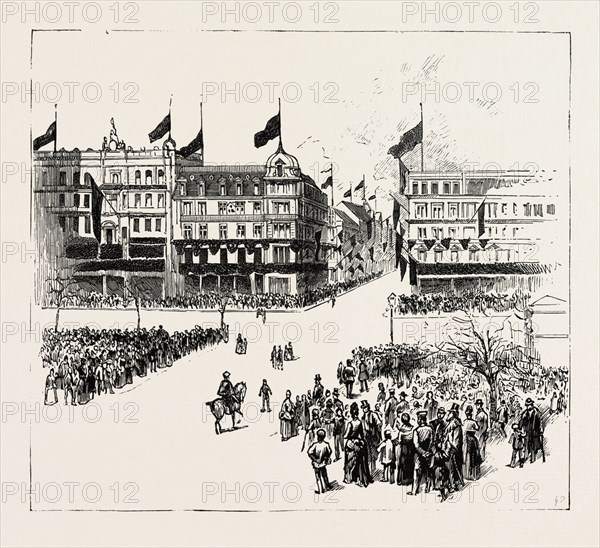 UNTER DEN LINDEN, THE DEATH OF THE LATE EMPEROR WILLIAM, GERMANY, 1888 engraving